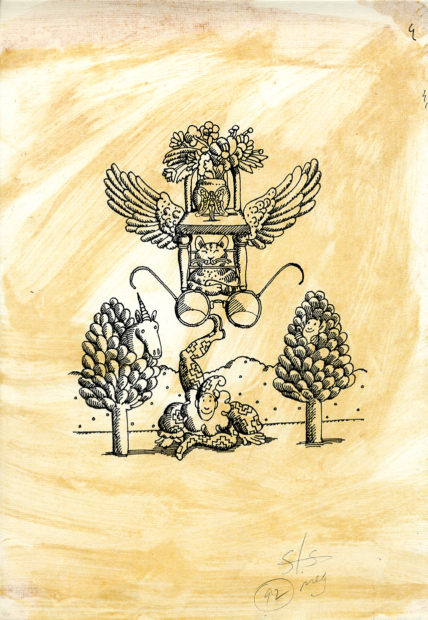 clown balancing glasses, chair and cat on his feet, original pen and ink drawing